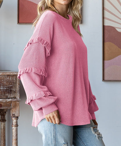 Lantern Sleeve Lace Round Neck Top
