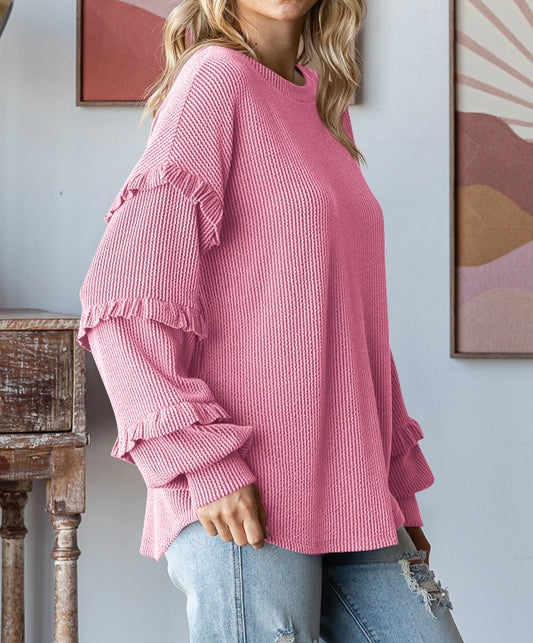 Lantern Sleeve Lace Round Neck Top