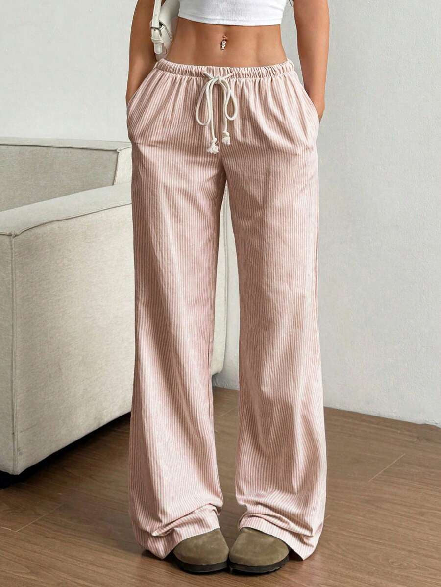 Women's Striped Wide Leg Drawstring Casual Pants