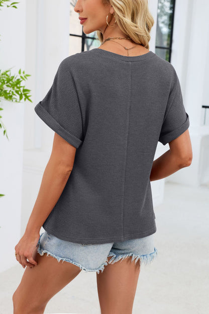 Crochet Lace Yoke Short Sleeve Waffle Knit Casual Top