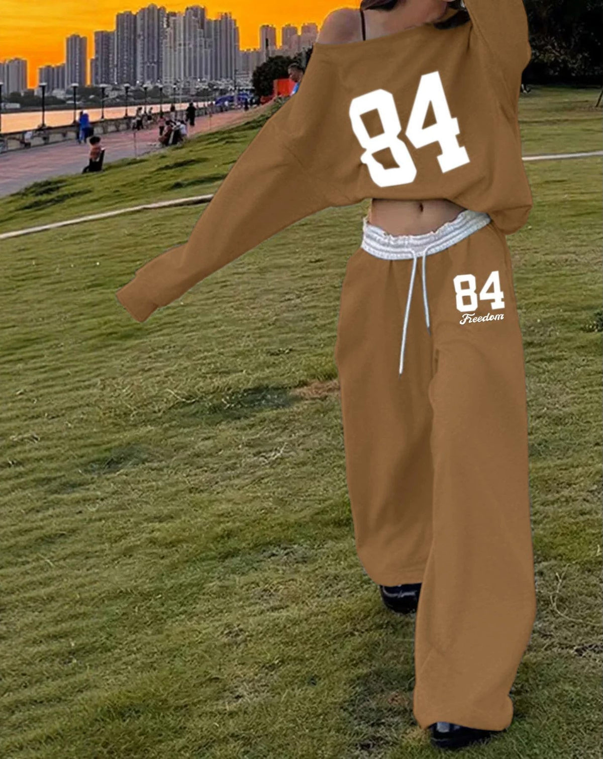 Women's Graphic Off Shoulder Sweatshirt Wide Leg Pants Set