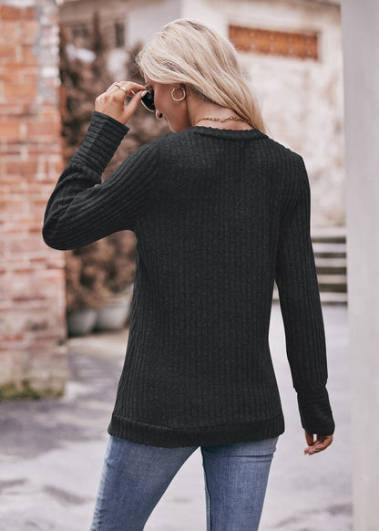 Solid Ribbed V-Neck Long Sleeve Knit Top for Women