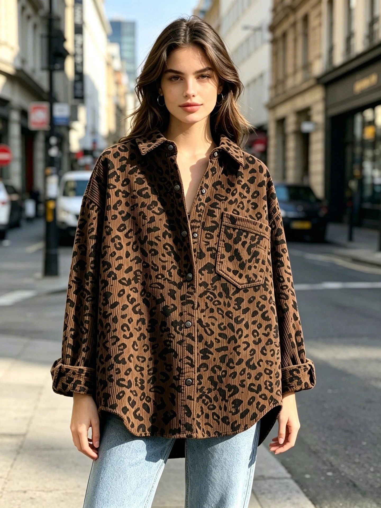 Leopard Print Corduroy Oversized Button Up Shirt