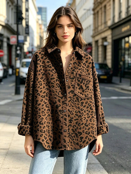 Leopard Print Corduroy Oversized Button Up Shirt
