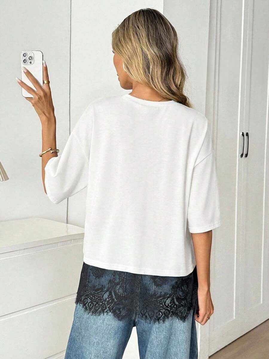 Solid Lace Trim T Shirt Loose Fit Round Neck Top