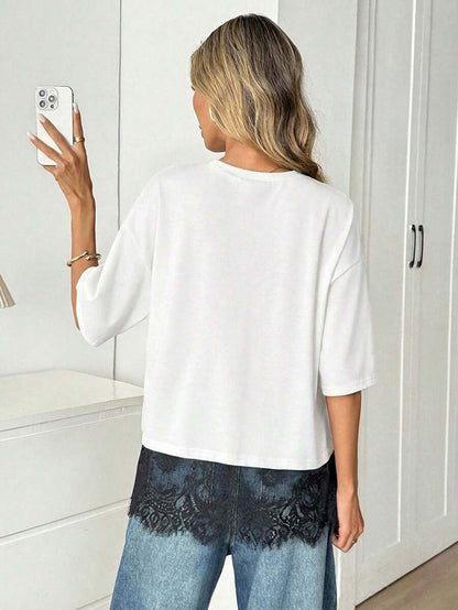 Solid Lace Trim T Shirt Loose Fit Round Neck Top