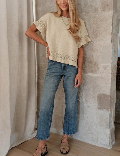 Ruffle Sleeve Crochet Knit Sweater Top Women Summer Blouse
