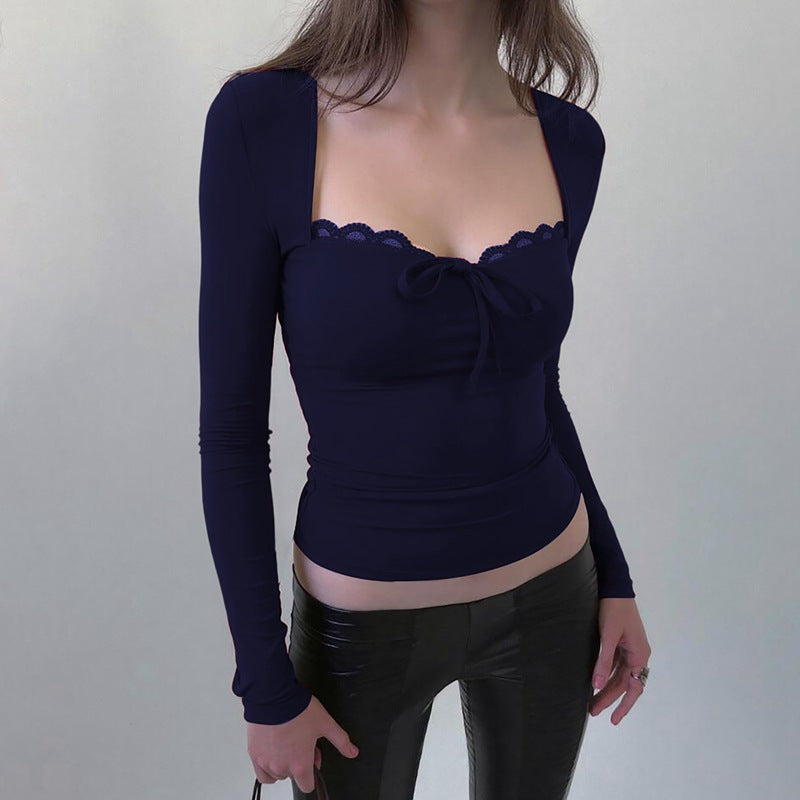 Women's Lace Trim Bow Front Long Sleeve Crop Top Y2K