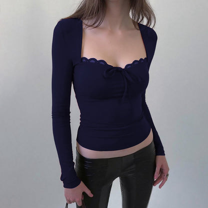 Women's Lace Trim Bow Front Long Sleeve Crop Top Y2K