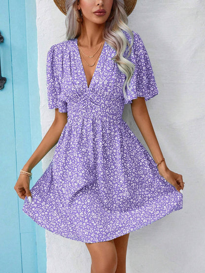 Rose Red Floral V Neck Empire Waist Short Sleeve Midi Dress