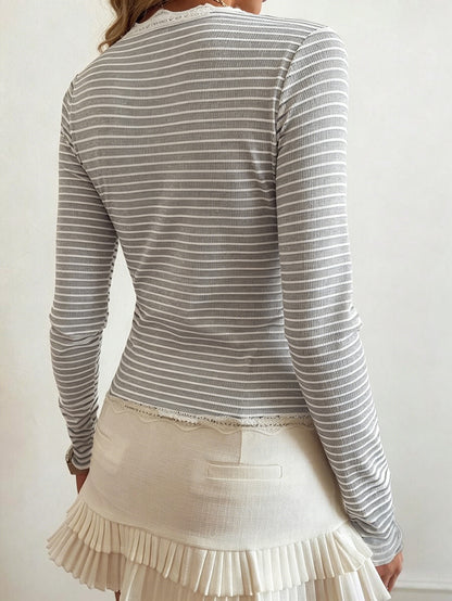 Lace Trim Striped Ribbed Knit Button Front Cardigan