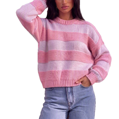 Women's Pink Striped Oversized Crewneck Sweater