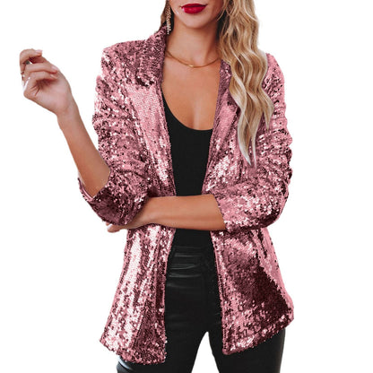 Women Sequin Blazer Long Sleeve Sparkle Party Jacket