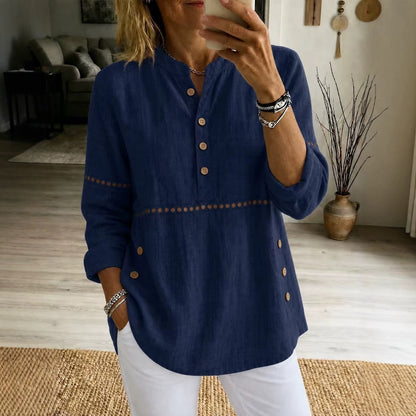 Women Cotton Eyelet Tunic Long Sleeve Side Button Loose Top