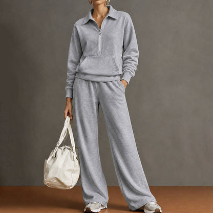 Women's Quarter Zip Sweatshirt Wide Leg Pants 2 Piece Set