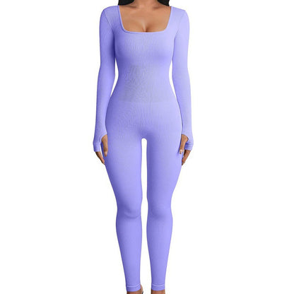 Womens Ribbed Square Neck Bodycon Long Sleeve Jumpsuit