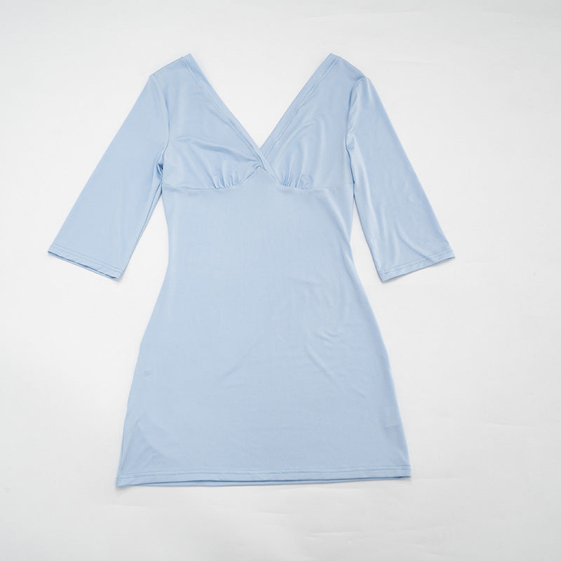 Sexy V Neck Backless Bodycon Mini Dress 3/4 Sleeve