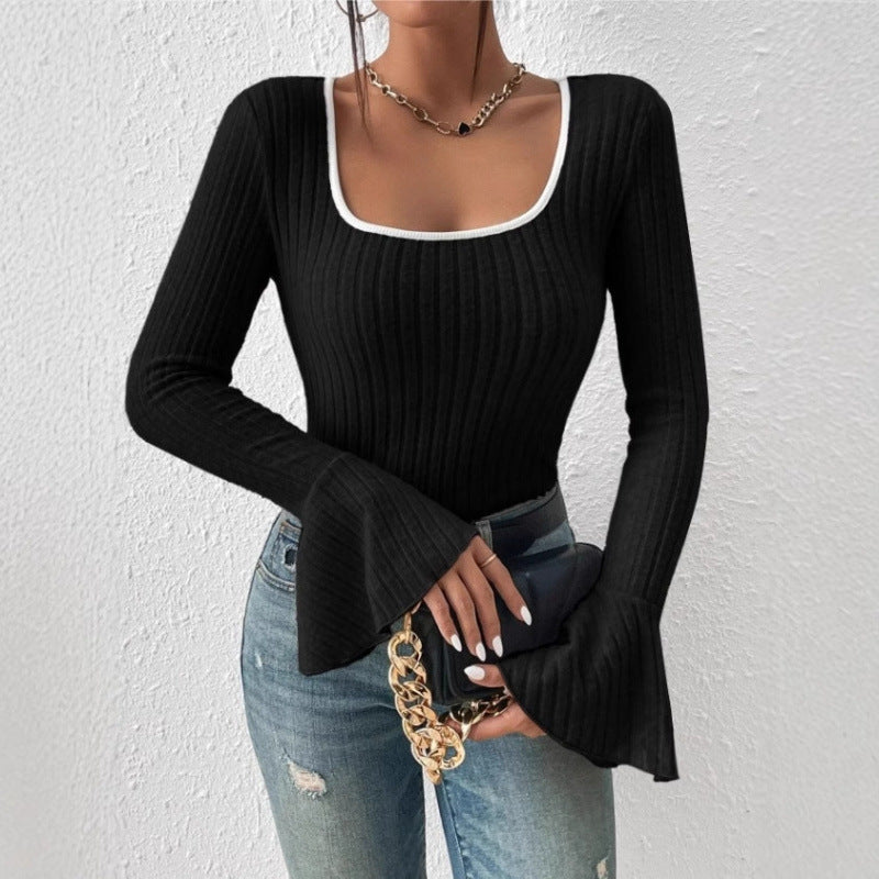 Women's Ribbed Square Neck Bell Sleeve Fitted Top