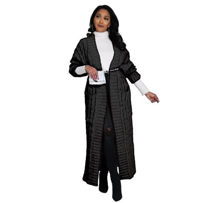 Long Cable Knit Open Front Cardigan with Pockets