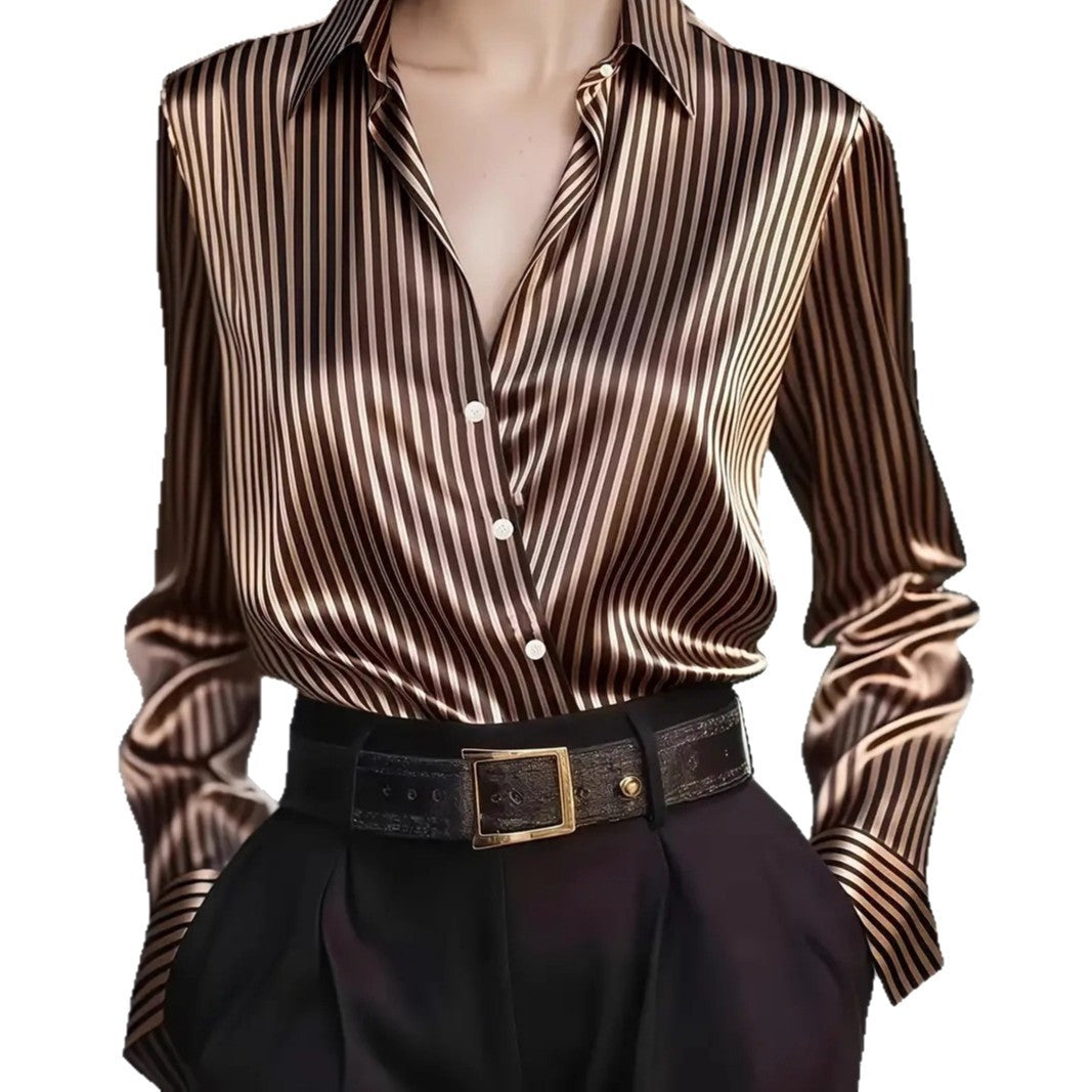 Women's Striped Satin Button Down Blouse Long Sleeve