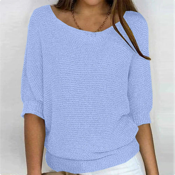 Women's Oversized Crew Neck Knit Sweater 3/4 Sleeve