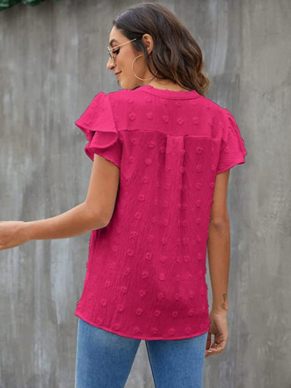 Women's V-Neck Pleated Sleeve Top with Pom Poms - Perfect for Summer