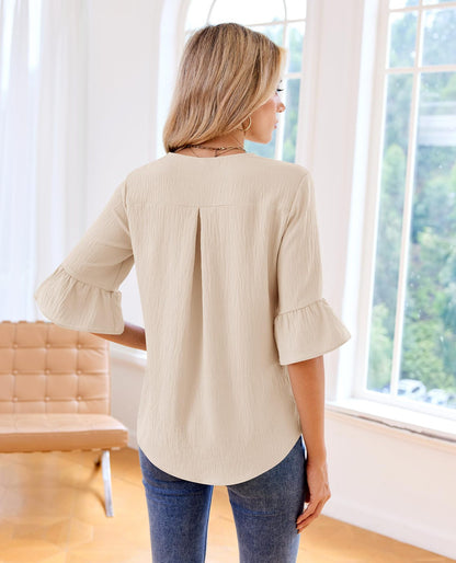 Ruffle V Neck 3/4 Sleeve Textured Blouse Top