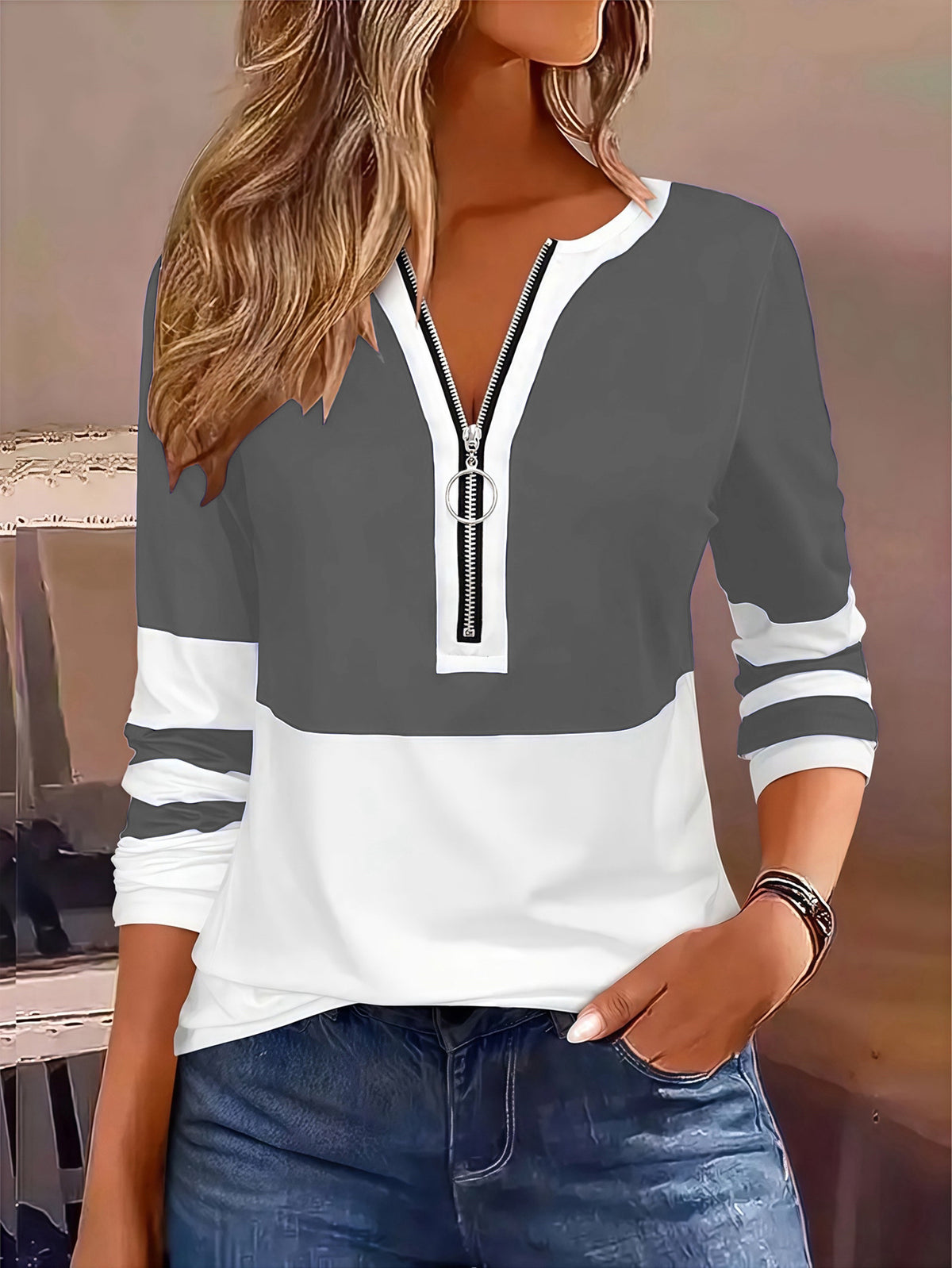 Women's Color Block Quarter Zip Long Sleeve Plus Size Top