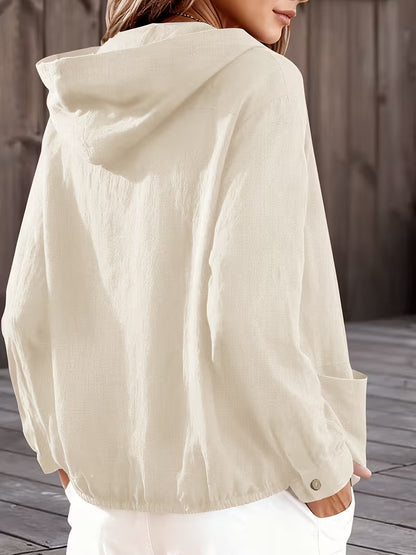 Women's Hooded Jacket Button Front Pockets Drawstring