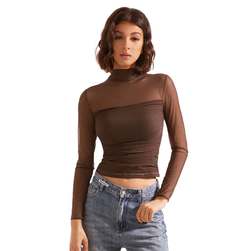 Sexy Sheer Mesh Mock Neck Long Sleeve Crop Top