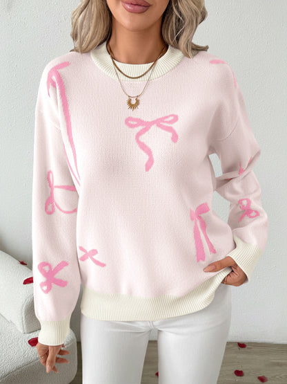 Women's Christmas Bow Jacquard Crewneck Sweater