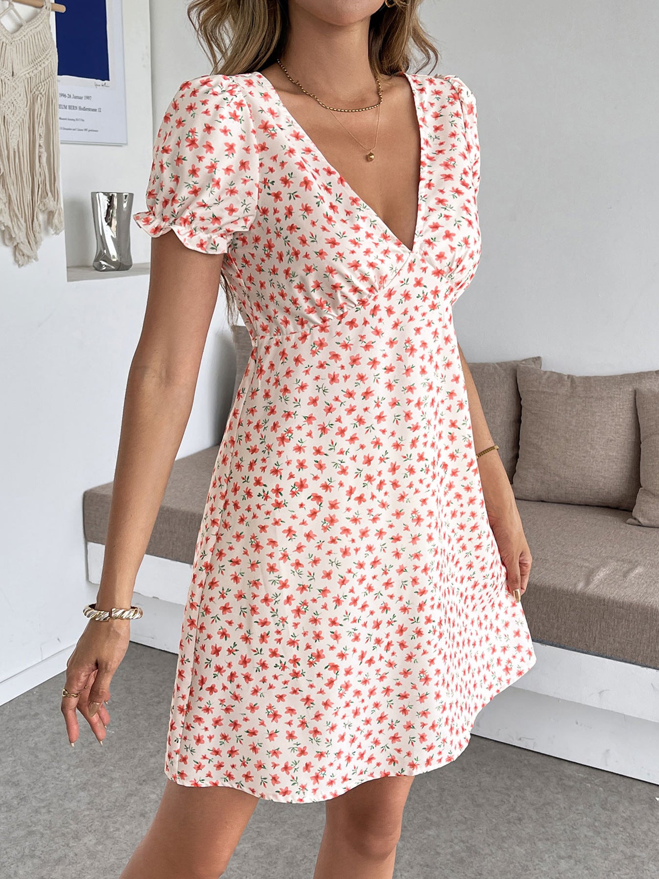 Floral Puff Sleeve V-Neck Backless Mini Summer Dress