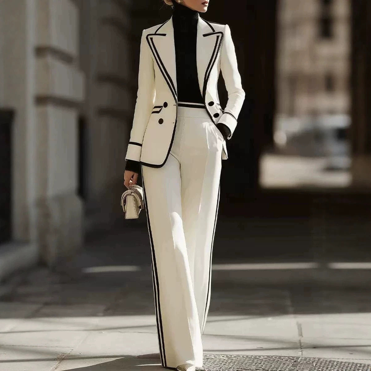 Women's Contrast Trim Blazer Wide Leg Pants Set
