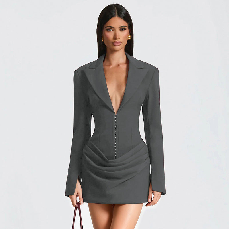 Women's Deep V Blazer Ruched Bodycon Mini Dress