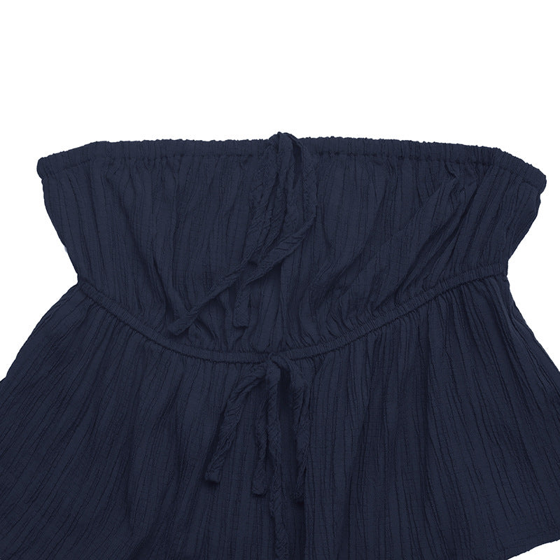 Navy Strapless Ruffle Top & Wide Leg Pants Two Piece Set