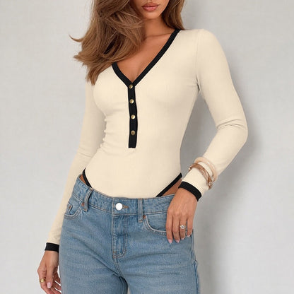 Contrast Trim Ribbed V Neck Long Sleeve Bodysuit