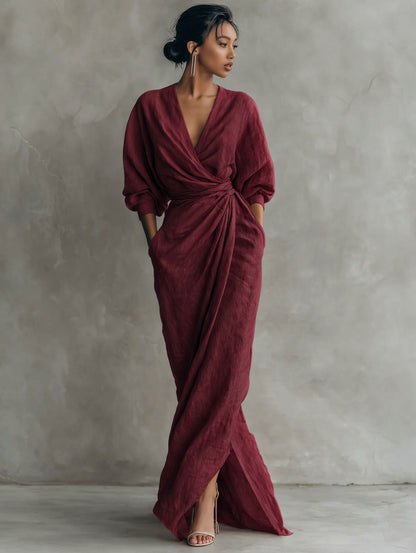 Elegant Wrap V-Neck Maxi Dress Side Slit Pockets