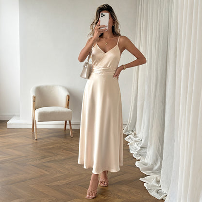 Satin Maxi Dress V Neck Cami Waist Tie Elegant