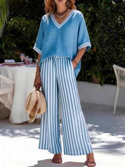Women's Striped Wide Leg Pants V-Neck Top Two Piece Set