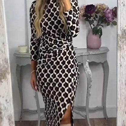 Women's Geometric Print Long Sleeve Midi Dress with Slit