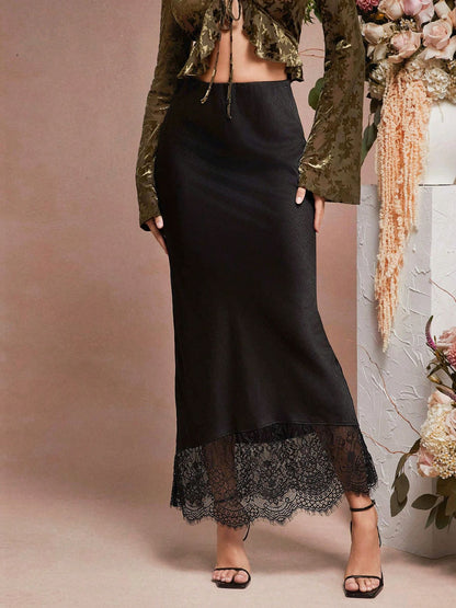 Acetate Satin Mermaid Skirt Lace Trim Mid-Length Elegant Dress