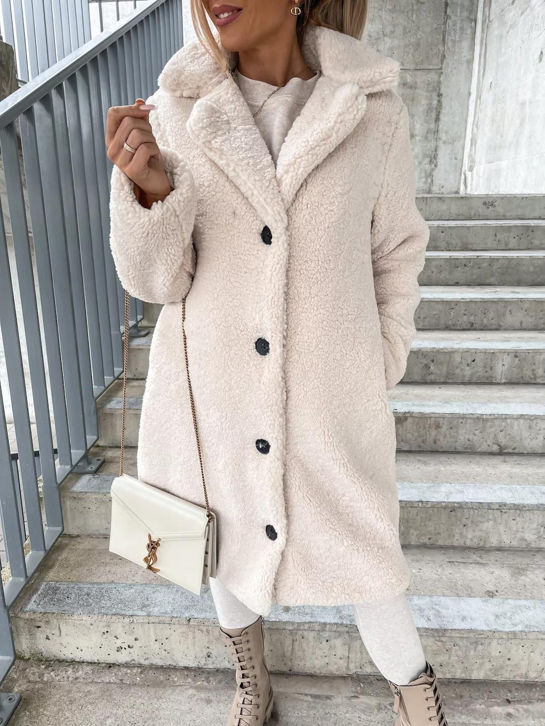 Women's Teddy Coat Button Front Fleece Lapel Long Sleeve