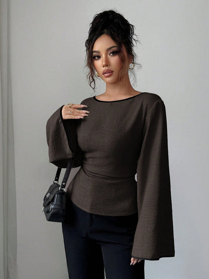 Women's Elegant Boat Neck Bell Sleeve Cinched Waist Blouse