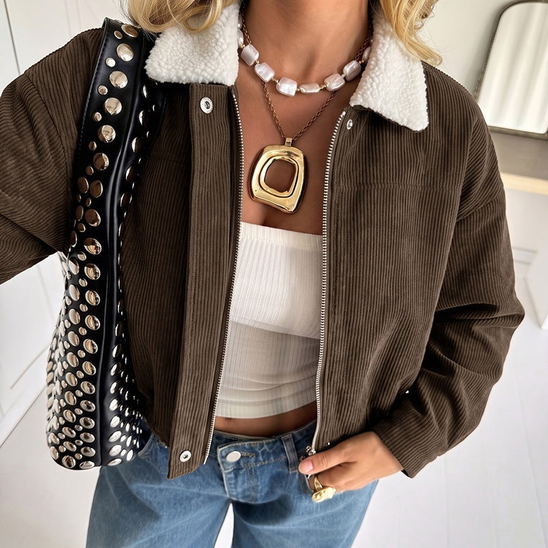 Women's Sherpa Collar Corduroy Color Block Jacket