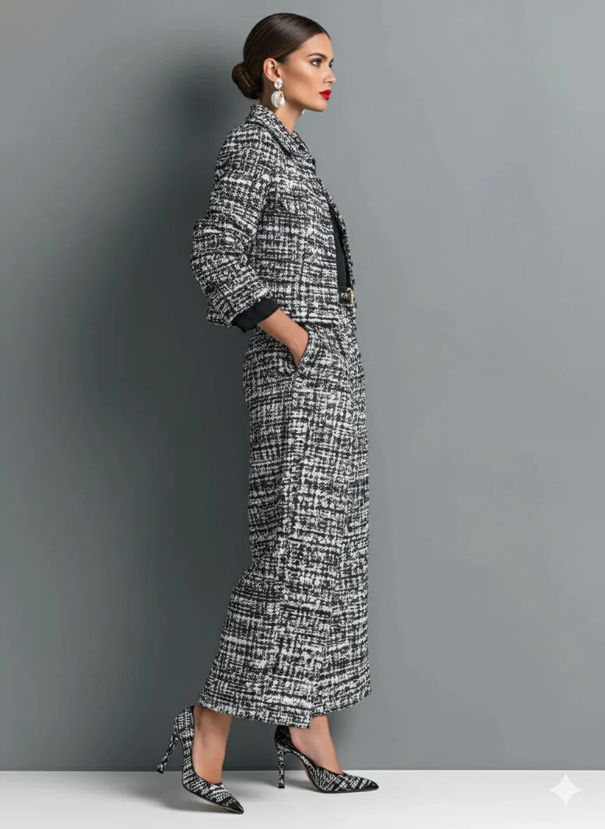 Women's Tweed Cropped Blazer Wide Leg Pants Set
