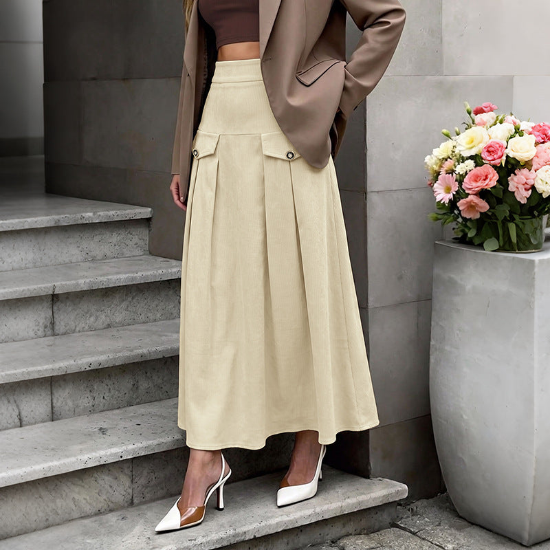 Women's Corduroy High Waist Pleated A-Line Midi Work Skirt