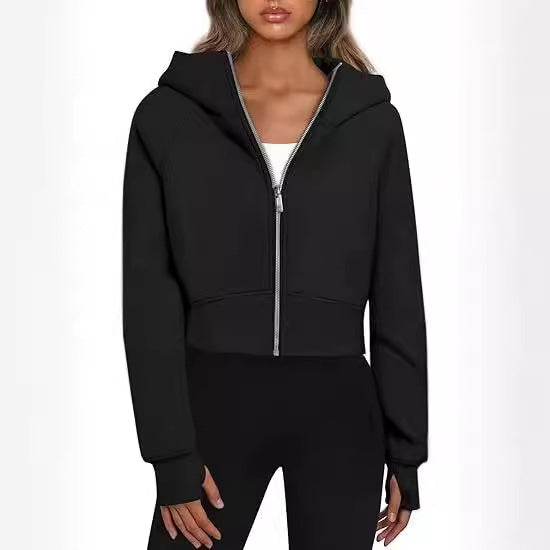 Women's Cropped Zip Up Hoodie Fleece Long Sleeve Jacket