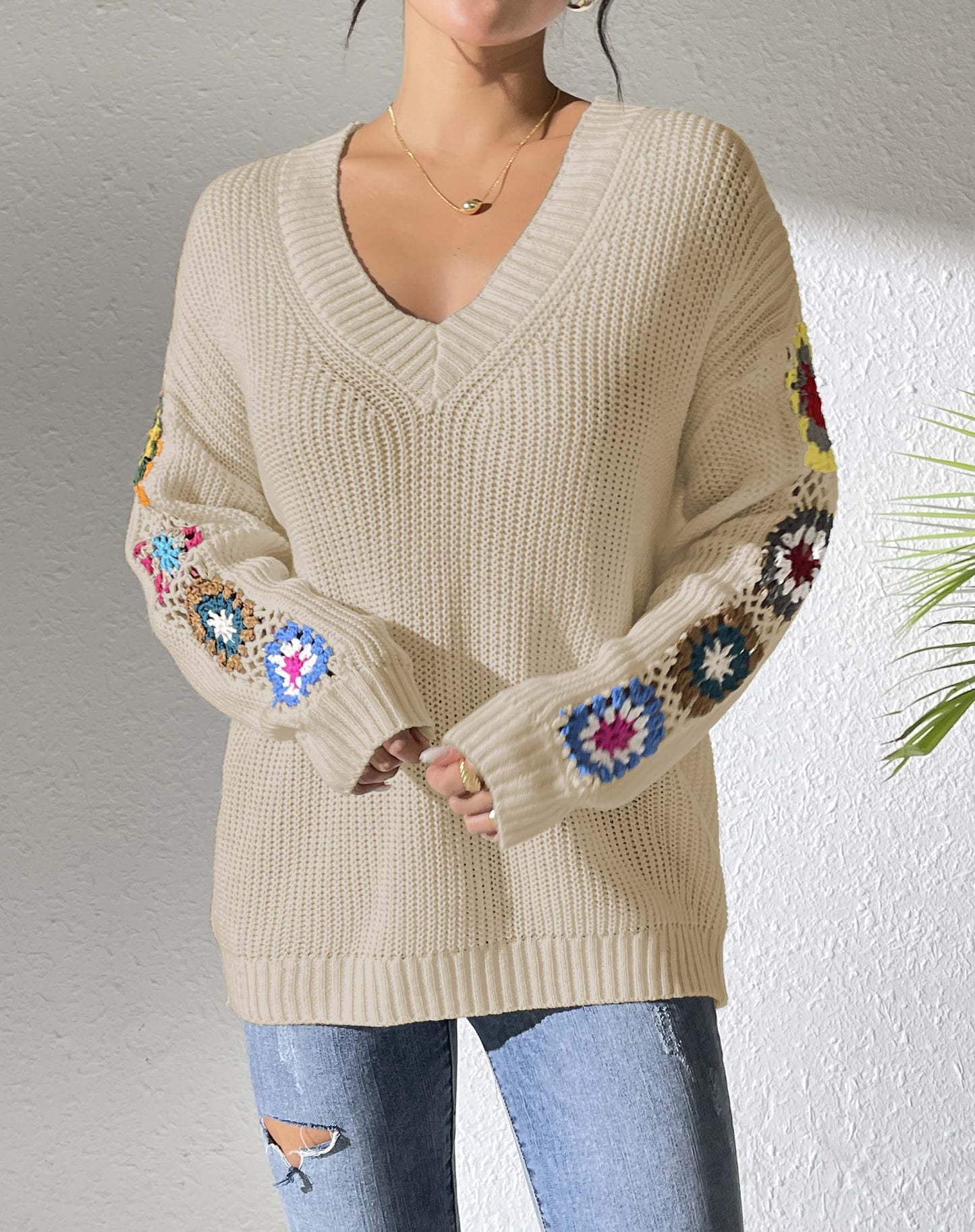 Fall/Winter Casual Loose V-Neck Crochet Floral Sweater