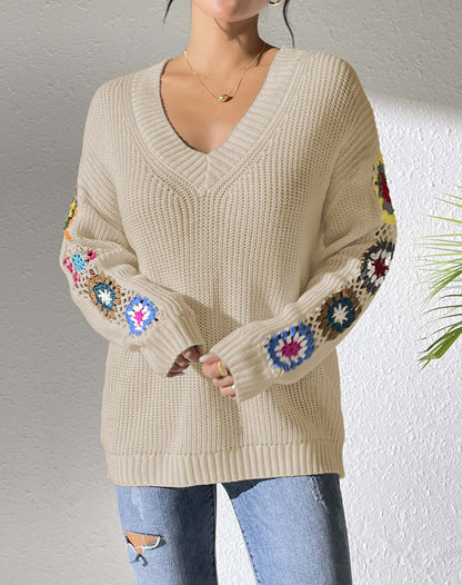 Fall/Winter Casual Loose V-Neck Crochet Floral Sweater