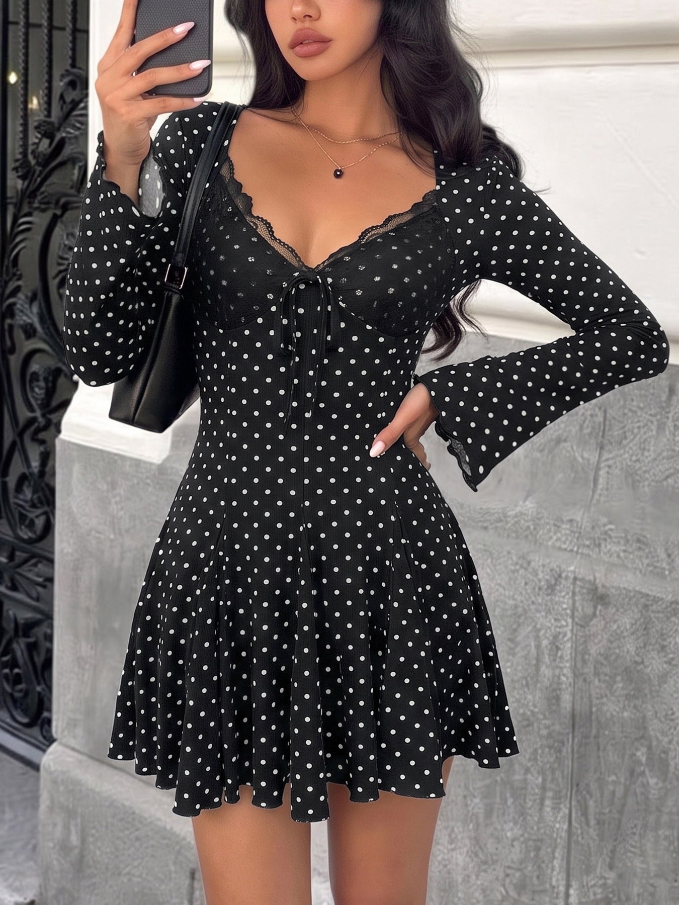 Polka Dot Lace Trim V Neck Long Sleeve Mini Dress